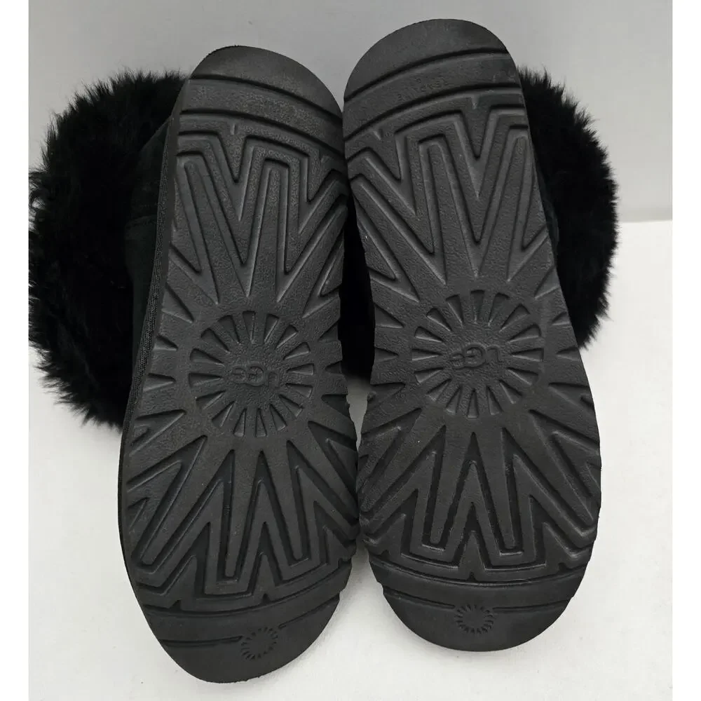UGG Mini Fluff Collar Women's Black Booties Sheepskin Suede US Size 8 (1112491)